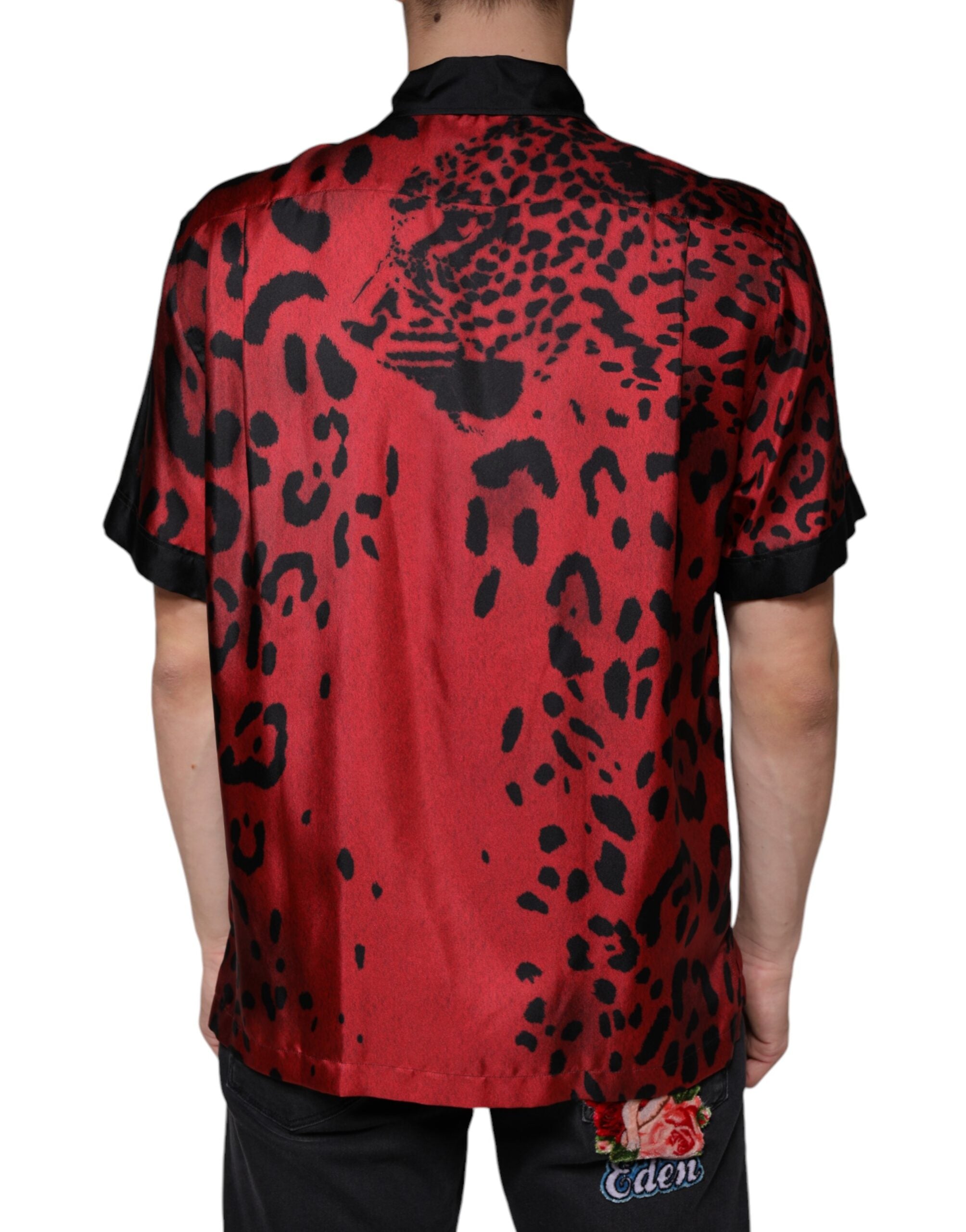 Dolce & Gabbana Red Leopard Silk Button-Down Shirt Casual Shirt